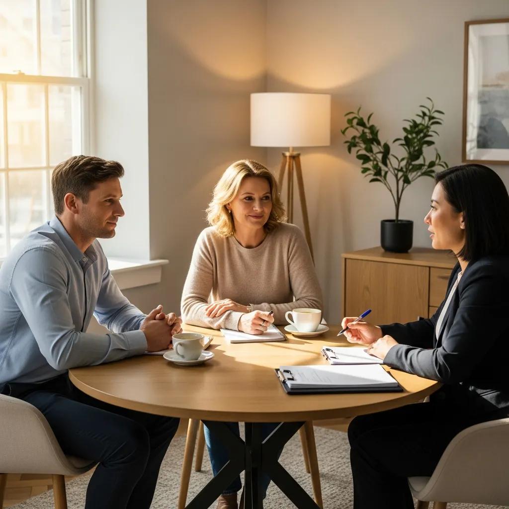 Couple meeting with a mediator in a calm office