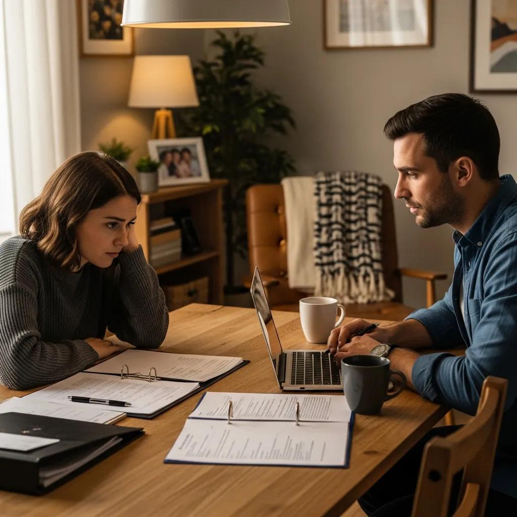 Couple reviewing divorce paperwork at home