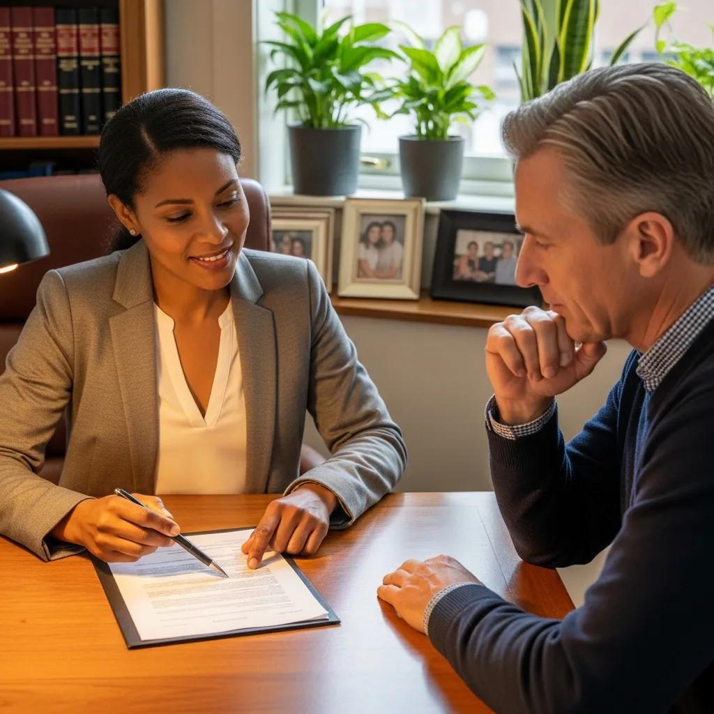Attorney reviewing divorce paperwork with a client in a comfortable office