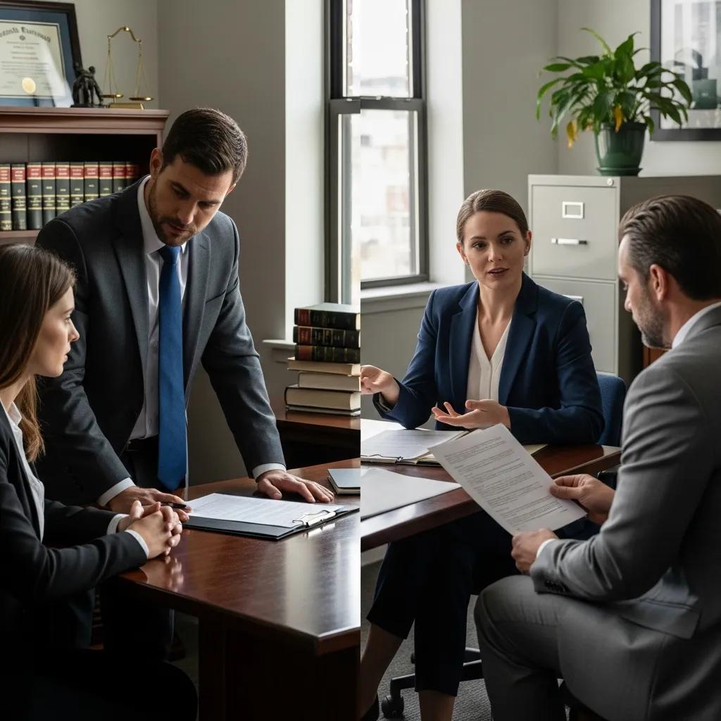 Two people speaking with separate attorneys about conflict-of-interest concerns in divorce