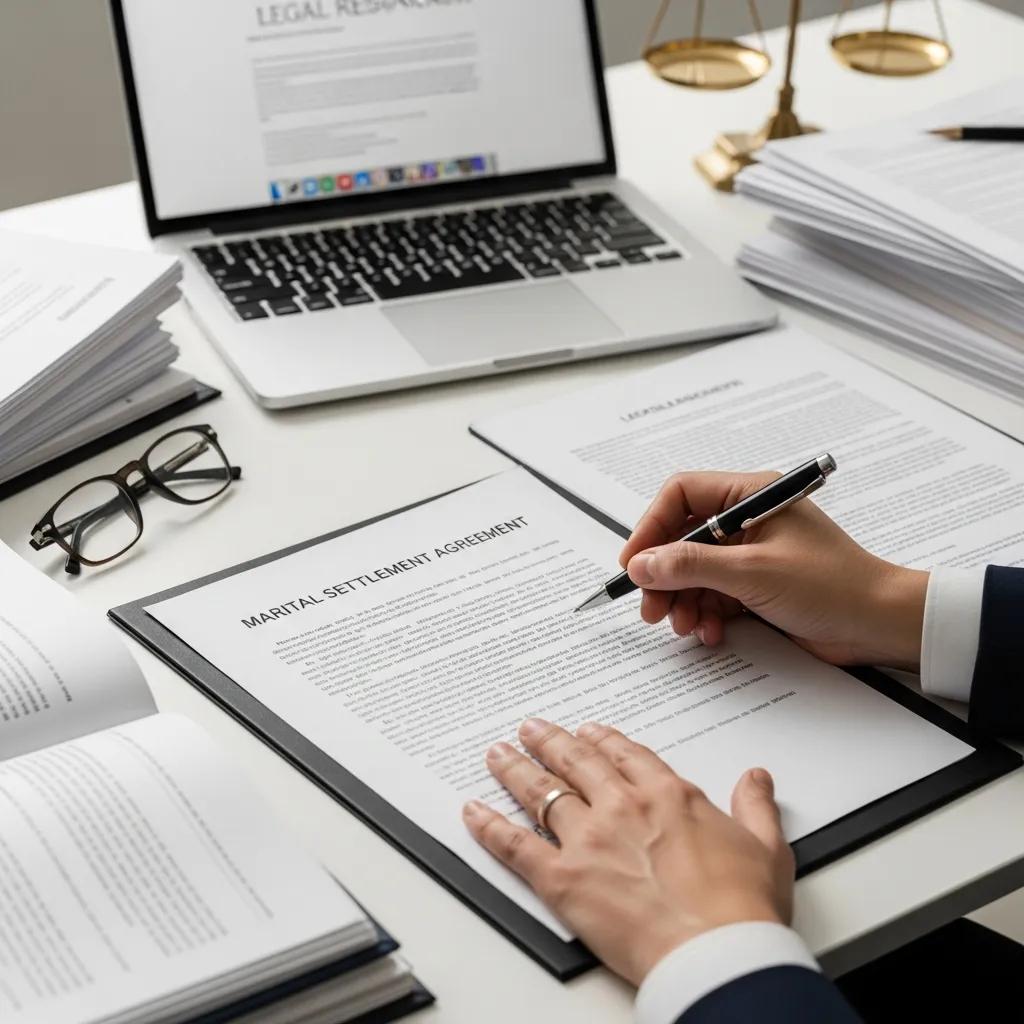 Two people reviewing a marital settlement agreement together