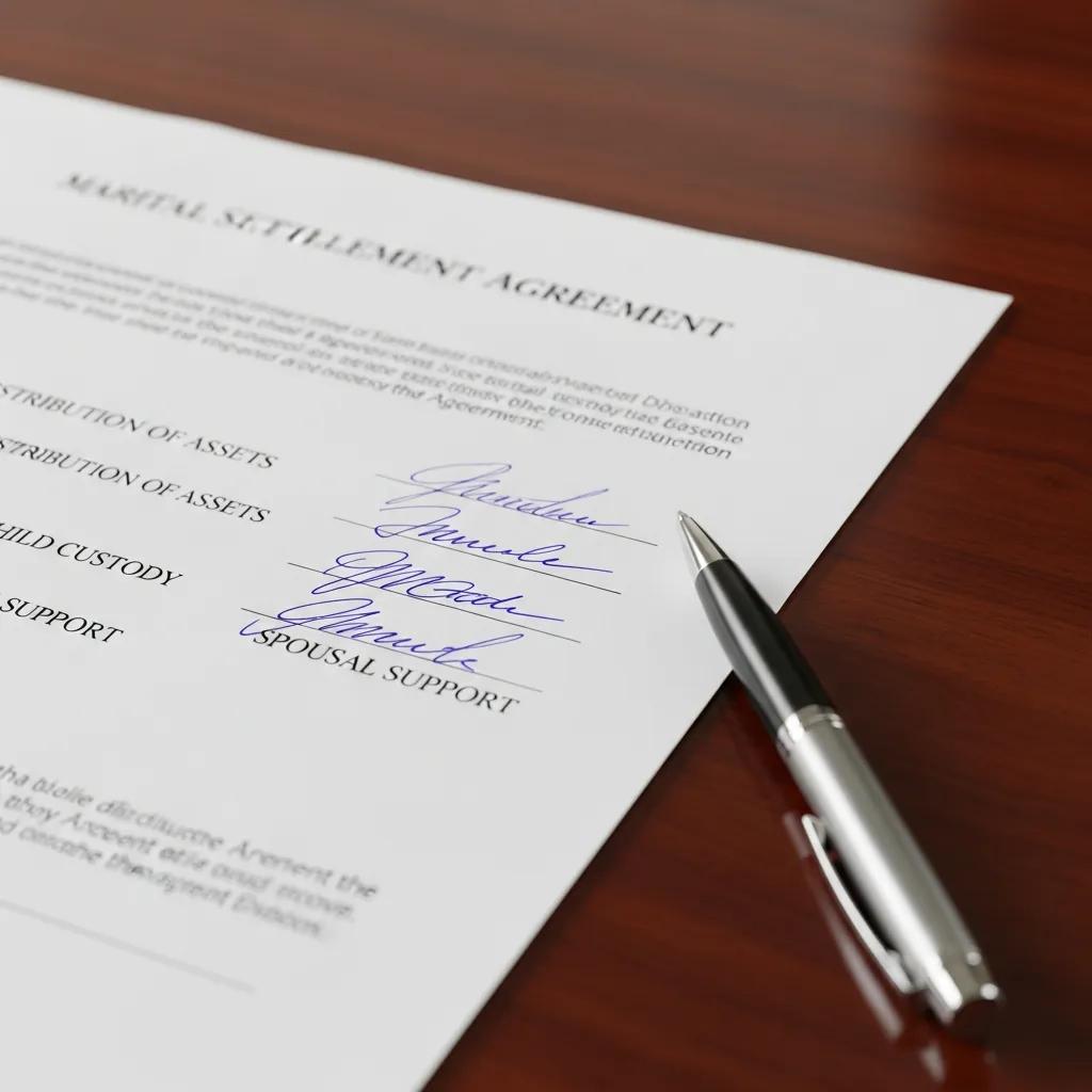 Signed marital settlement agreement on a table