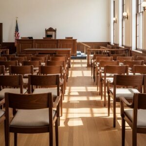 Empty courtroom chairs suggesting the possibility of avoiding an appearance